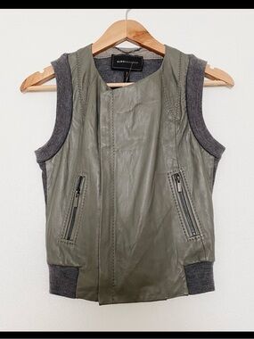 BCBGMaxAzria Olive Leather Vest with Gray Knit Trim